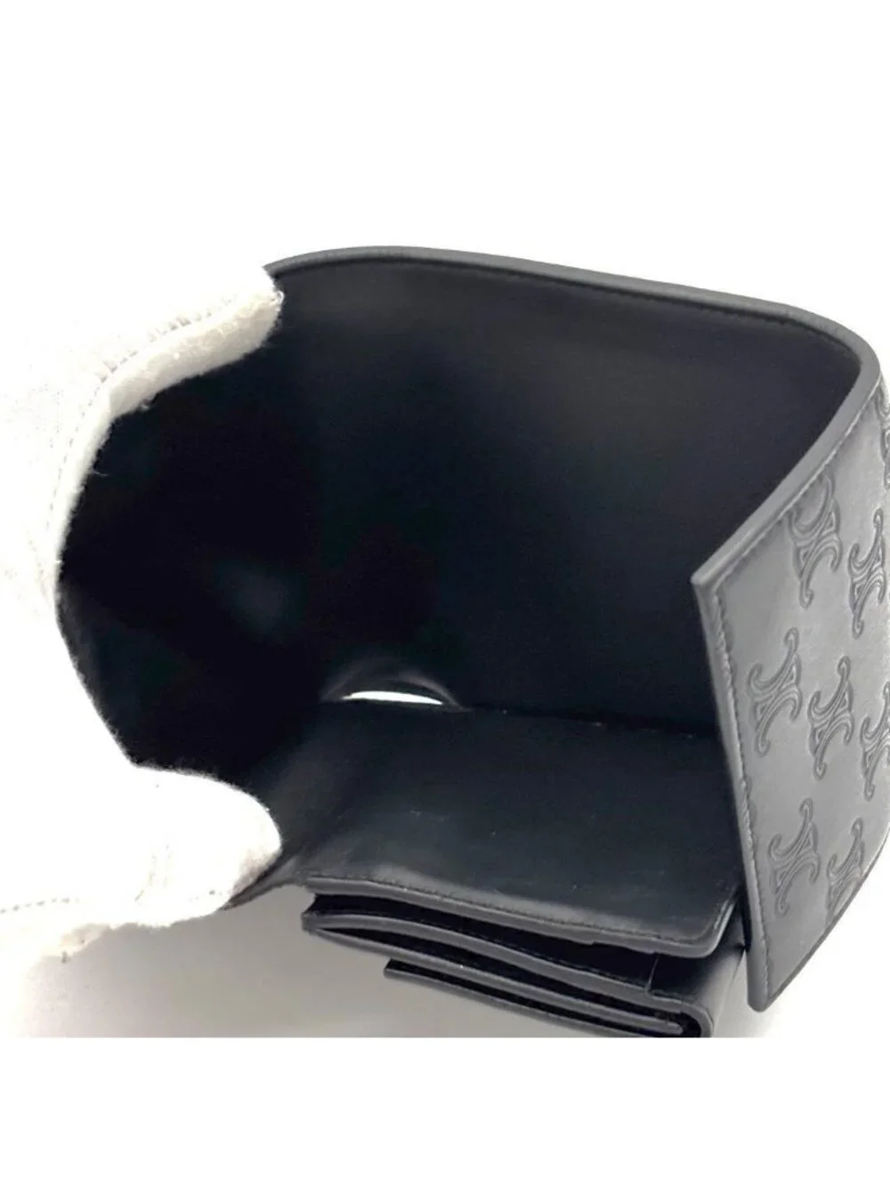 Celine Trifold Wallet Triomphe Embossed Logo Leather Black